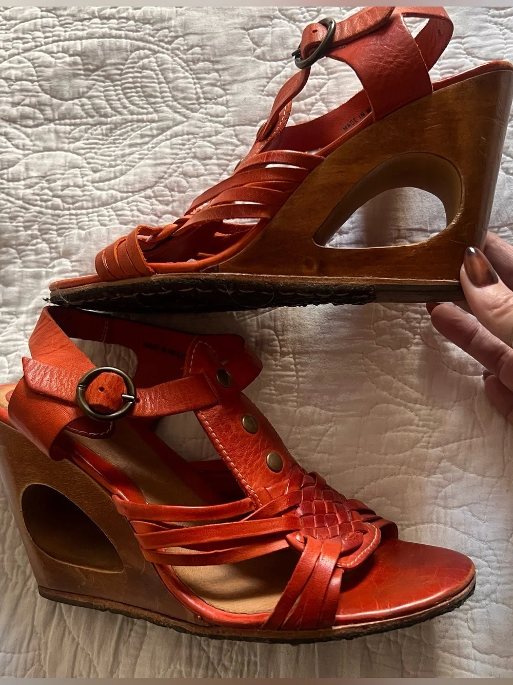 Frye Gabriella Orange Leather Wooden Wedge Sandals - Size 8